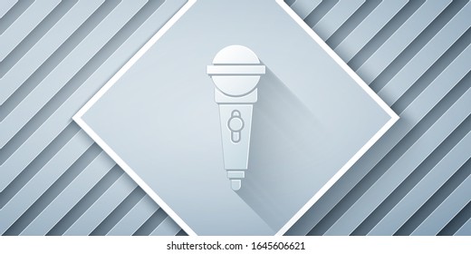 Paper Cut Microphone Icon Isolated On Grey Background. On Air Radio Mic Microphone. Speaker Sign. Paper Art Style. Vector Illustration