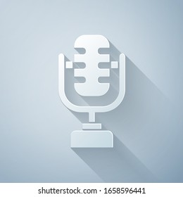 Paper Cut Microphone Icon Isolated On Grey Background. On Air Radio Mic Microphone. Speaker Sign. Paper Art Style. Vector Illustration