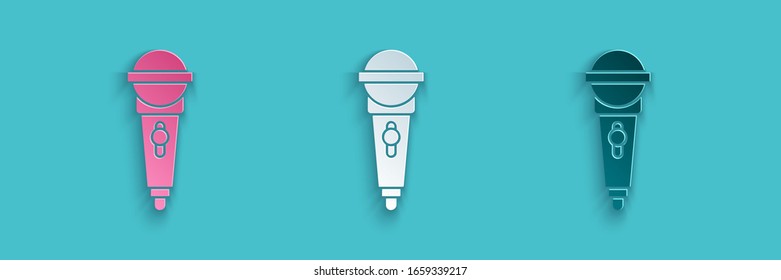 Paper Cut Microphone Icon Isolated On Blue Background. On Air Radio Mic Microphone. Speaker Sign. Paper Art Style. Vector Illustration