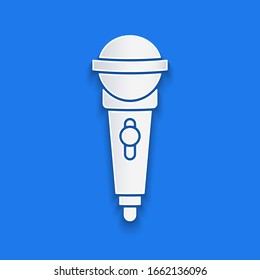 Paper Cut Microphone Icon Isolated On Blue Background. On Air Radio Mic Microphone. Speaker Sign. Paper Art Style. Vector Illustration