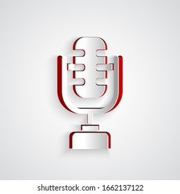 Paper Cut Microphone Icon Isolated On Grey Background. On Air Radio Mic Microphone. Speaker Sign. Paper Art Style. Vector Illustration