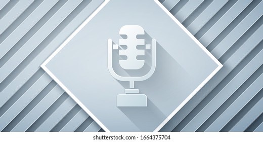 Paper Cut Microphone Icon Isolated On Grey Background. On Air Radio Mic Microphone. Speaker Sign. Paper Art Style. Vector Illustration