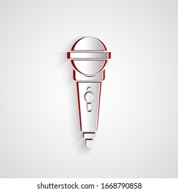 Paper Cut Microphone Icon Isolated On Grey Background. On Air Radio Mic Microphone. Speaker Sign. Paper Art Style. Vector Illustration