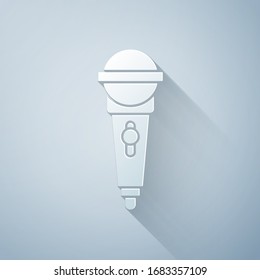 Paper Cut Microphone Icon Isolated On Grey Background. On Air Radio Mic Microphone. Speaker Sign. Paper Art Style. Vector Illustration