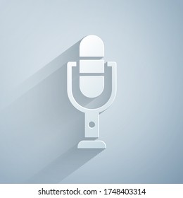 Paper Cut Microphone Icon Isolated On Grey Background. On Air Radio Mic Microphone. Speaker Sign. Paper Art Style. Vector Illustration