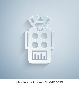 Paper cut Microphone icon isolated on grey background. On air radio mic microphone. Speaker sign. Paper art style. Vector.