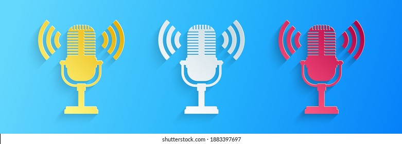 Paper Cut Microphone Icon Isolated On Blue Background. On Air Radio Mic Microphone. Speaker Sign. Paper Art Style. Vector.