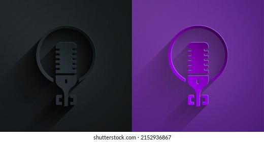 Paper Cut Microphone Icon Isolated On Black On Purple Background. On Air Radio Mic Microphone. Speaker Sign. Paper Art Style. Vector