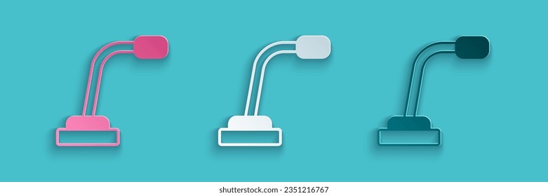Paper cut Microphone icon isolated on blue background. On air radio mic microphone. Speaker sign. Paper art style. Vector