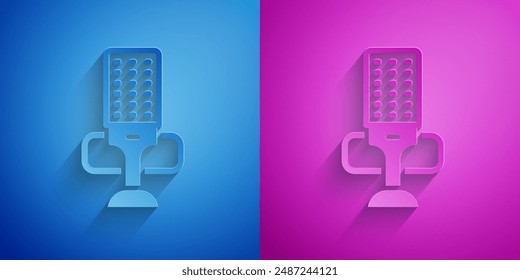 Paper cut Microphone icon isolated on blue and purple background. On air radio mic microphone. Speaker sign. Paper art style. Vector