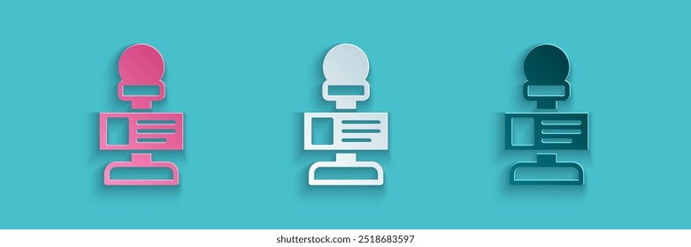 Paper cut Microphone icon isolated on blue background. On air radio mic microphone. Speaker sign. Paper art style. Vector