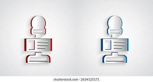 Paper cut Microphone icon isolated on grey background. On air radio mic microphone. Speaker sign. Paper art style. Vector