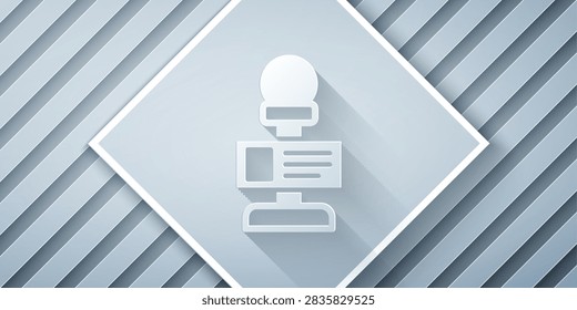 Paper cut Microphone icon isolated on grey background. On air radio mic microphone. Speaker sign. Paper art style. Vector