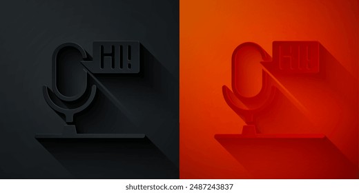 Icono de dispositivo de voz de micrófono cortado en papel aislado sobre fondo negro y rojo. Intérprete de micrófono y letras del alfabeto. Estilo de arte de papel. Vector