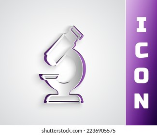 Paper cut Microscope icon isolated on grey background. Chemistry, pharmaceutical instrument, microbiology magnifying tool. Paper art style. Vector