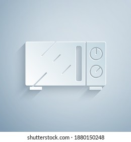 Paper cut Microwave oven icon isolated on grey background. Home appliances icon. Paper art style. Vector.