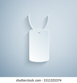 Paper cut Military dog tag icon isolated on grey background. Identity tag icon. Army sign. Paper art style. Vector Illustration