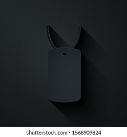 Paper cut Military dog tag icon isolated on black background. Identity tag icon. Army sign. Paper art style. Vector Illustration