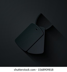 Paper cut Military dog tags icon isolated on black background. Identity tags icon. Army sign. Paper art style. Vector Illustration