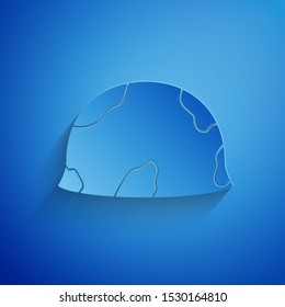 Paper cut Military helmet icon isolated on blue background. Army hat symbol of defense and protect. Protective hat. Paper art style. Vector Illustration