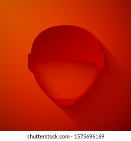 Paper cut Military helmet icon isolated on red background. Army hat symbol of defense and protect. Protective hat. Paper art style. Vector Illustration
