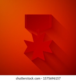 Paper cut Military reward medal icon isolated on red background. Army sign. Paper art style. Vector Illustration