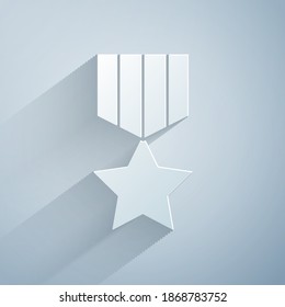 Paper cut Military reward medal icon isolated on grey background. Army sign. Paper art style. Vector