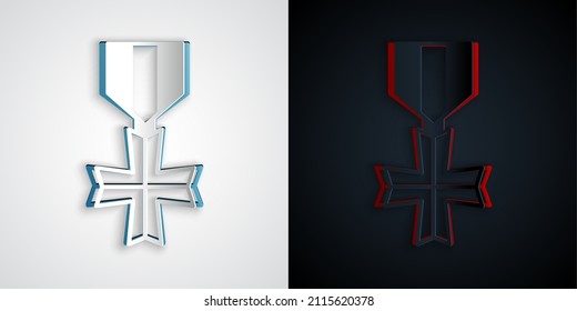 Paper cut Military reward medal icon isolated on grey and black background. Army sign. Paper art style. Vector