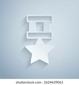 Paper cut Military reward medal icon isolated on grey background. Army sign. Paper art style. Vector