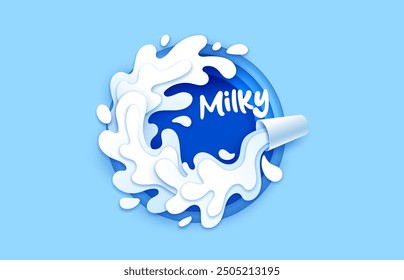 Paper cut milk glass with drink flow wave, splash and drops, vector dairy farm food and beverage. 3d origami art white circle swirl, paper cut milk pouring from glass cup in round layered frame