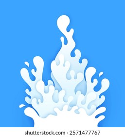 Paper cut milk splash with wave flow for dairy product package, vector background. Fresh milk splash of spill and pour with drops explosion in paper cut layers, milky flow on blue background