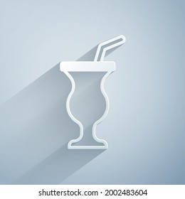 Paper cut Milkshake icon isolated on grey background. Plastic cup with lid and straw. Paper art style. Vector