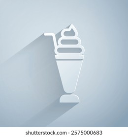 Paper cut Milkshake icon isolated on grey background. Plastic cup with lid and straw. Paper art style. Vector