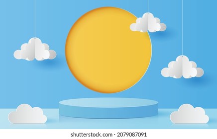 Cortado de papel de escena mínima con podio de cilindro de color azul para la presentación de productos, sol y nube sobre fondo cielo azul, temporada de verano. Ilustración del vector