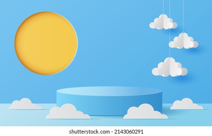 Paper cut of minimal scene with blue color cylinder podium for products display presentation, sun and cloud on blue sky background, Summer season. Vector illustration