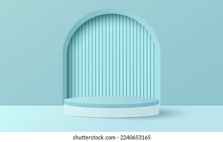 Paper cut of minimal scene with blue cylinder podium on blue background. Product presentation, mock up, show cosmetic. Vector illustration