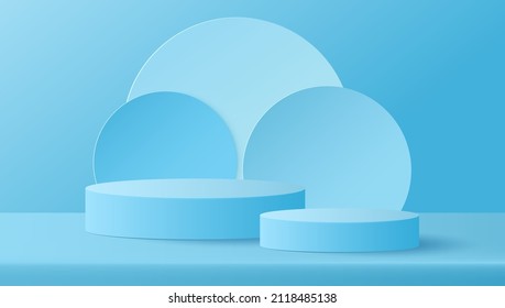 Paper cut of minimal scene with geometric shape of round on blue background. Stage podium to show cosmetic products stage display. Vector illustration