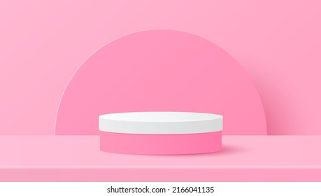Paper cut of minimal scene with pink cylinder podium on pink background. Product presentation, mock up, show cosmetic. Vector illustration