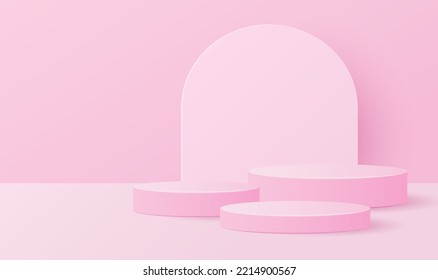 Paper cut of minimal scene with pink cylinder podium on pink background. Product presentation, mock up, show cosmetic. Vector illustration