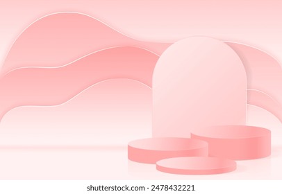 Paper cut of minimal scene with pink peach cylinder podium with pastel wavy layered paper art backdrop for product display on pink background. Product presentation, mock up, show cosmetic.