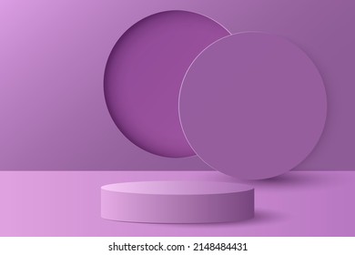 Paper cut of minimal scene with purple cylinder podium on purple background. Product presentation, mock up, show cosmetic. Vector illustration