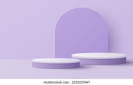 Papierschnitt der Minimalszene mit violettem Zylinderpodium auf violettem Hintergrund. Produktpräsentation, Muster, kosmetische Darstellung zeigen. Vektorgrafik