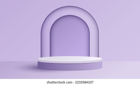 Paper cut of minimal scene with purple cylinder podium on purple background. Product presentation, mock up, show cosmetic. Vector illustration
