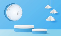 Paper Cut Of Minimal Scene With White And Blue Color Cylinder Podium For Products Display Presentation, Moon And Cloud On Blue Sky Background. Vector Illustration