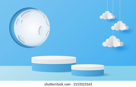 Paper cut of minimal scene with white and blue color cylinder podium for products display presentation, moon and cloud on blue sky background. Vector illustration