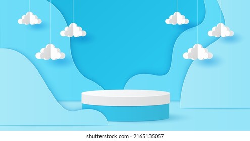 Cortado de papel de escena mínima con podio de cilindro de color blanco y azul y nube para productos de presentación en fondo cielo azul, temporada de verano. Ilustración del vector