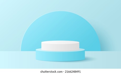 Paper cut of minimal scene with white and blue cylinder podium on light blue background. Product presentation, mock up, show cosmetic. Vector illustration