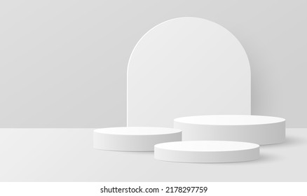 Paper cut of minimal scene with white cylinder podium on grey background. Product presentation, mock up, show cosmetic. Vector illustration