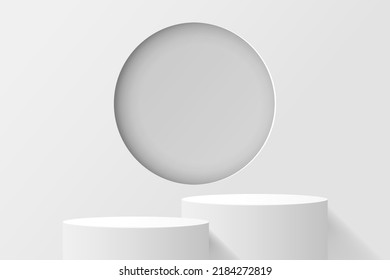 Paper cut of minimal scene with white cylinder podium on grey background. Product presentation, mock up, show cosmetic. Vector illustration