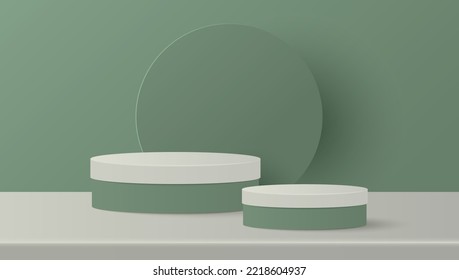 Cortado de papel de escena mínima con podio de cilindro blanco y verde sobre fondo verde. Presentación del producto, burlarse, mostrar cosmética. Ilustración del vector